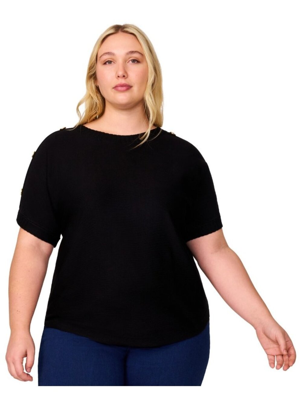 Melissa Paige Plus Size 2X Zigzag-Trim Button-Shoulder Sweater Black $52 SALE